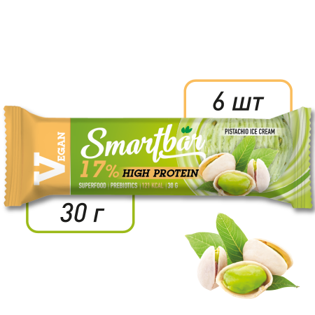 Батончик мюсли SmartBar VEGAN PROTEIN "Фисташковое мороженое" (веган, на растительной основе), 6 шт. х 30 г
