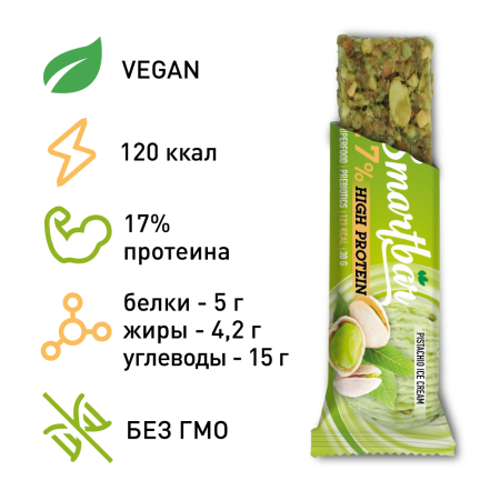 Батончик мюсли SmartBar VEGAN PROTEIN "Фисташковое мороженое" (веган, на растительной основе), 25 шт. х 30 г