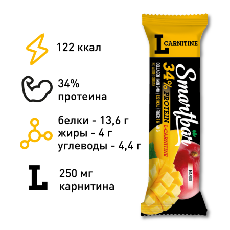 Батончик протеиновый Smartbar Protein L-carnitine "Манго" с L-карнитином, 25 шт. х 40 г.