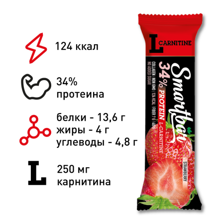 Батончик протеиновый Smartbar Protein L-carnitine "Клубника" с L-карнитином, 25 шт. х 40 г.