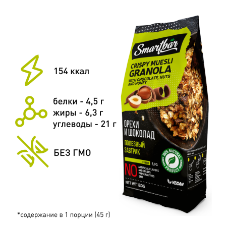 Гранола SmartBar "С орехом и шоколадом", 2 шт. х 180 г
