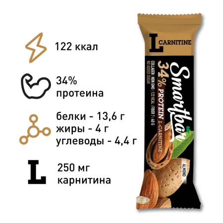 Батончик протеиновый Smartbar Protein L-carnitine "Миндаль" с L-карнитином, 25 шт. х 40 г.