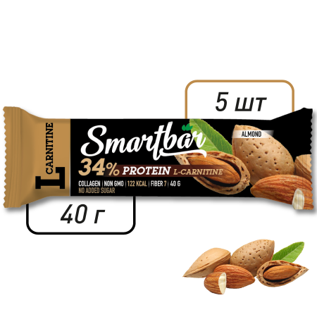 Батончик протеиновый Smartbar Protein L-carnitine "Миндаль" с L-карнитином, 5 шт. х 40 г